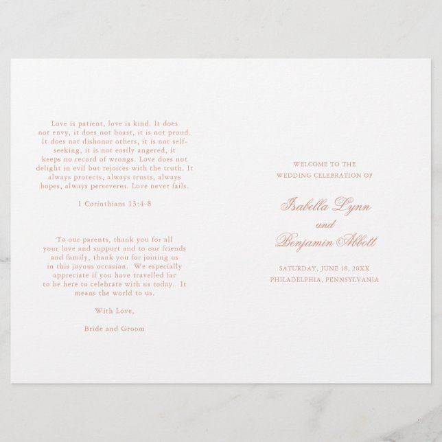 Traditionelles Hochzeitsprogramm für Rose in Rosa (Vorderseite)