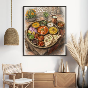 Traditionelles indisches Thali-Festmahl farbige Sk Poster