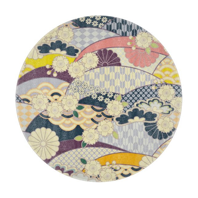 Traditionelles japanisches Kimono Blume Glas Schneidebrett (Vorderseite)