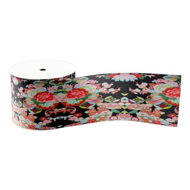 Traditionelles japanisches Kimono Floral Black Red Ripsband (Spule)