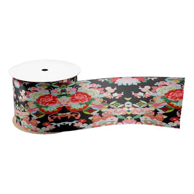 Traditionelles japanisches Kimono Floral Black Red Satinband (Spule)