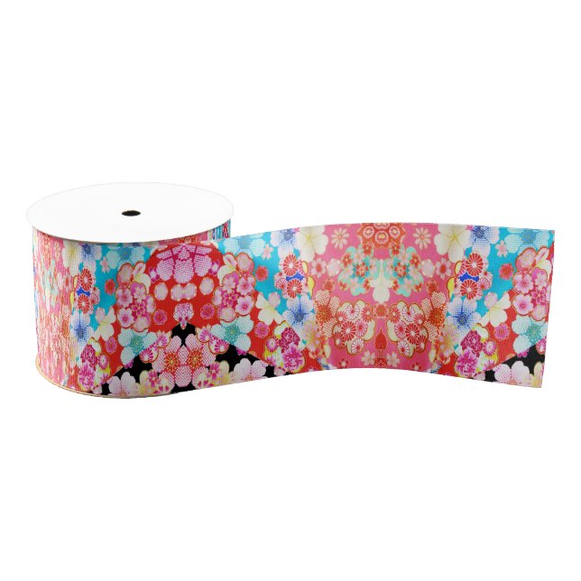 Traditionelles japanisches Kimono Floral Pink Blau Ripsband (Spule)