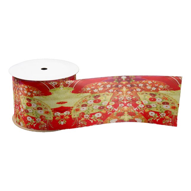 Traditionelles japanisches Kimono Gold Red Floral Satinband (Spule)