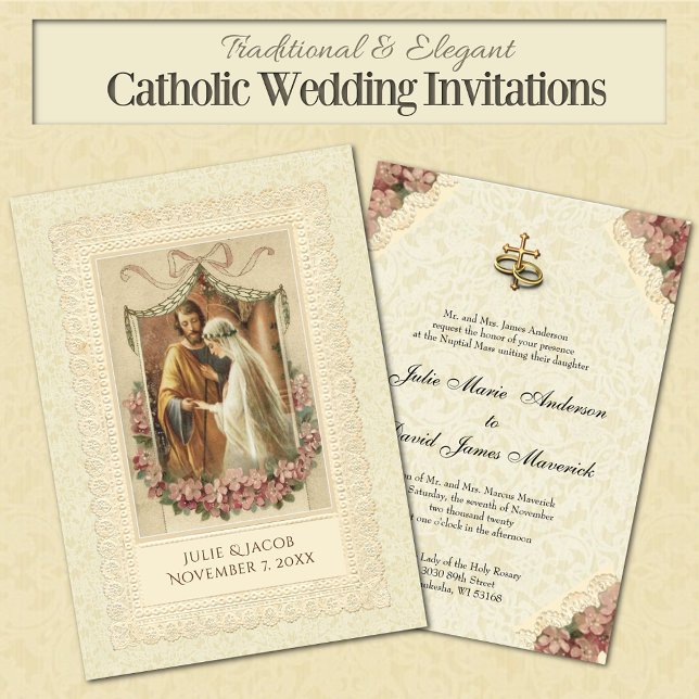 Traditionelles katholisches Brautpaar Einladung (Traditional Catholic Wedding Invitations with a vintage image of the betrothal of Mary and Joseph)