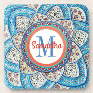 Traditionelles marokkanisches Türkisblau Monogramm Getränkeuntersetzer