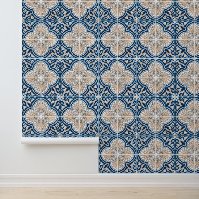 Traditionelles Mittelmeer Blau und Tan Tile Tapete (Anwendung)