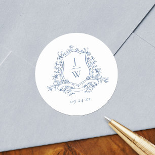 Traditionelles Monogrammwappen Blau Elegante Hochz Runder Aufkleber