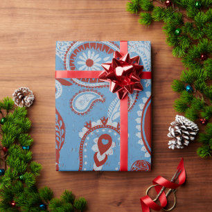 Traditionelles Paisley Linocut Red White Blue Geschenkpapier