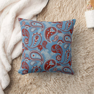 Traditionelles Paisley Linocut Red White Blue Kissen