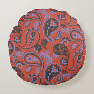 Traditionelles Paisley Linocut Vivid Orange Lila Rundes Kissen