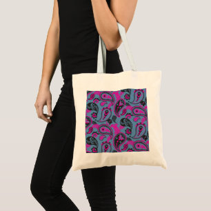 Traditionelles Paisley Linocut Vivid Pink Dusky Bl Tragetasche