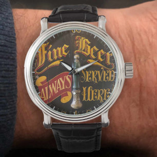 Traditionelles Pub-Bier. Altes Pub-Schild-Bild auf Armbanduhr