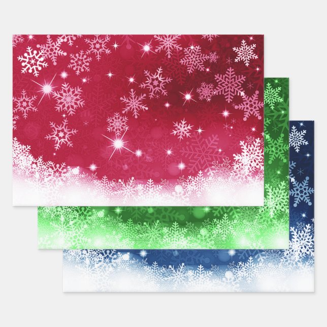 Traditionelles Red Blue & Green Snowflake Motif Geschenkpapier Set (Set)
