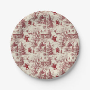 Traditionelles Rot auf Creme Toile De Jouy mit Wei Pappteller