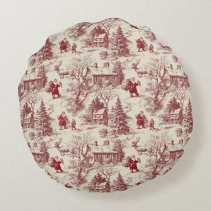 Traditionelles Rot auf Creme Toile De Jouy mit Wei Rundes Kissen