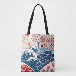 Traditionelles Rot-Blau-Japanisches Wellen-Sakura-