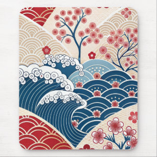 Traditionelles Rot-Blau-Japanisches Wellen-Sakura- Mousepad