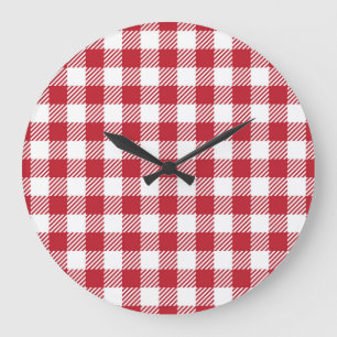 Traditionelles Rot-Weiß-Cottagecore-Gingham Große Wanduhr