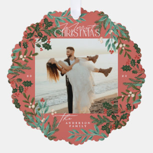 Traditionelles rotes botanisches Weihnachtsfest-Fo Ornament Karte