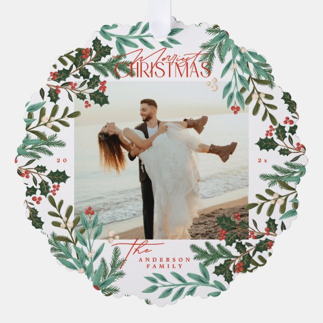 Traditionelles rotes botanisches Weihnachtsfest-Fo Ornament Karte (Vorderseite)