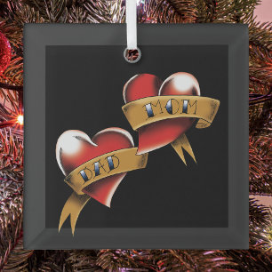 Traditionelles rotes Herz-Mom-Dad-Banner-Tattoo-De Ornament Aus Glas
