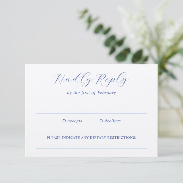 Traditionelles Royal Blue Elegant Hochzeit RSVP Karte (Stehend Vorderseite)