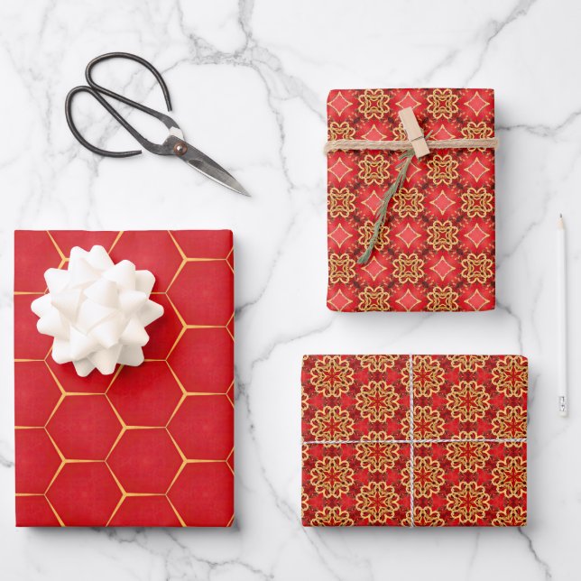 Traditionelles Royal Red & Gold Geschenkpapier Set (Vorderseite)