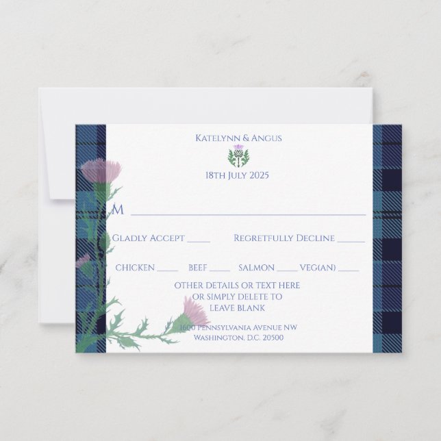 Traditionelles schottisches Tartan Border & Thistl RSVP Karte (Vorderseite)