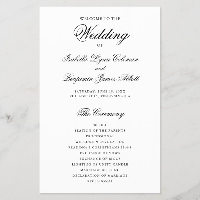 Traditionelles schwarz-weißes Hochzeitsprogramm (Vorne)