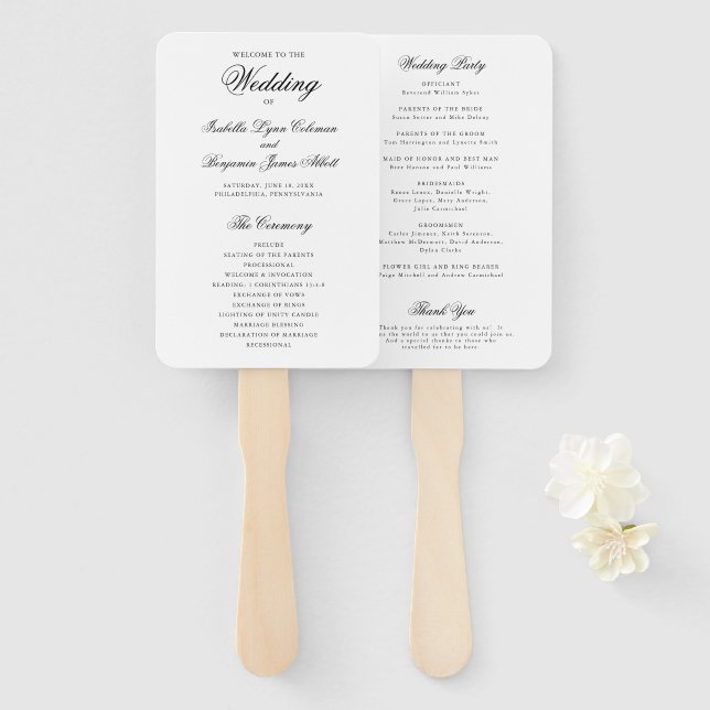Traditionelles schwarz-weißes Hochzeitsprogramm Fächer (Vorne und Hinten)
