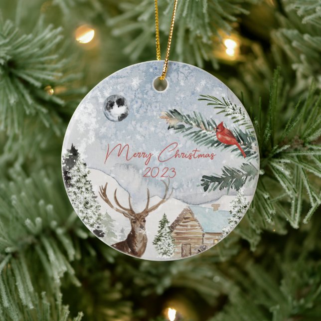 Traditionelles Snowy Winter Wonderland Hirsche Kar Keramik Ornament (Baum)