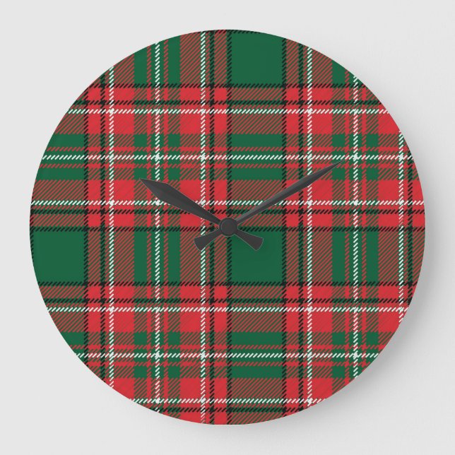 Traditionelles Tartan: kariertes rot-grünes Muster Große Wanduhr (Vorderseite)
