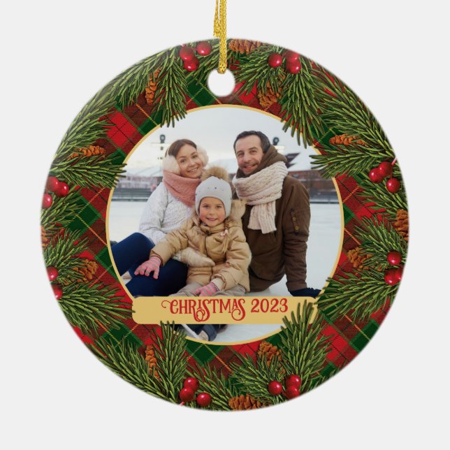 Traditionelles Tartan Kranz Foto zu Weihnachten Keramik Ornament (Hinten)
