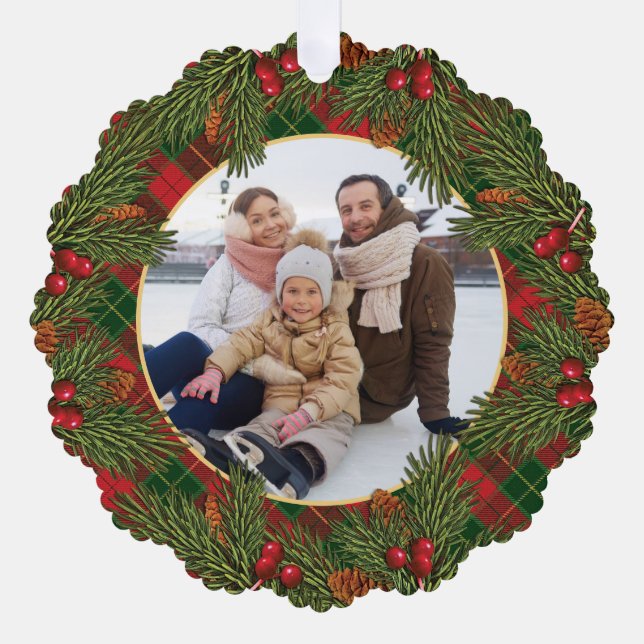 Traditionelles Tartan Kranz Foto zu Weihnachten Ornament Karte (Vorderseite)