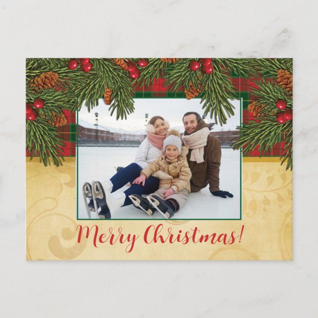 Traditionelles Tartan Kranz Foto zu Weihnachten Postkarte (Vorderseite)