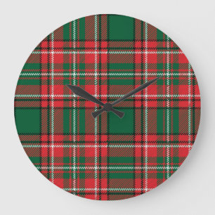 Traditionelles Tartan: rot-grünes Karomuster. Große Wanduhr