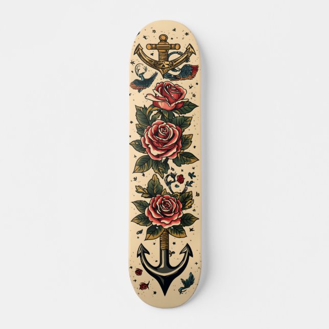 Traditionelles Tattoo-Design, Ankern, Rose & Schwa Skateboard (Vorne)