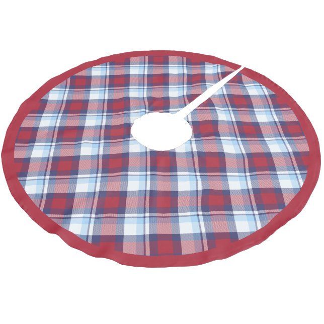 Traditionelles US Red White Blue Tartan Muster Polyester Weihnachtsbaumdecke (Schrägansicht)