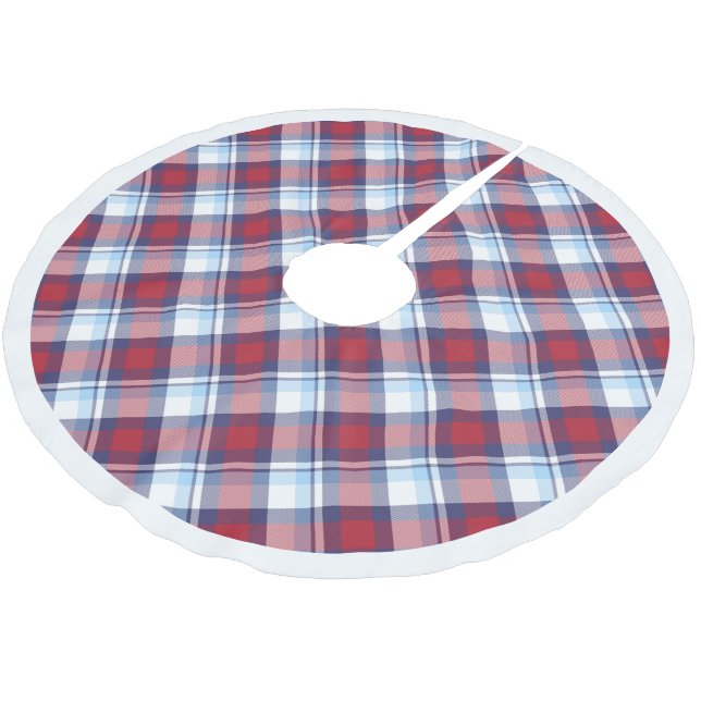 Traditionelles US Red White Blue Tartan Muster Polyester Weihnachtsbaumdecke (Schrägansicht)