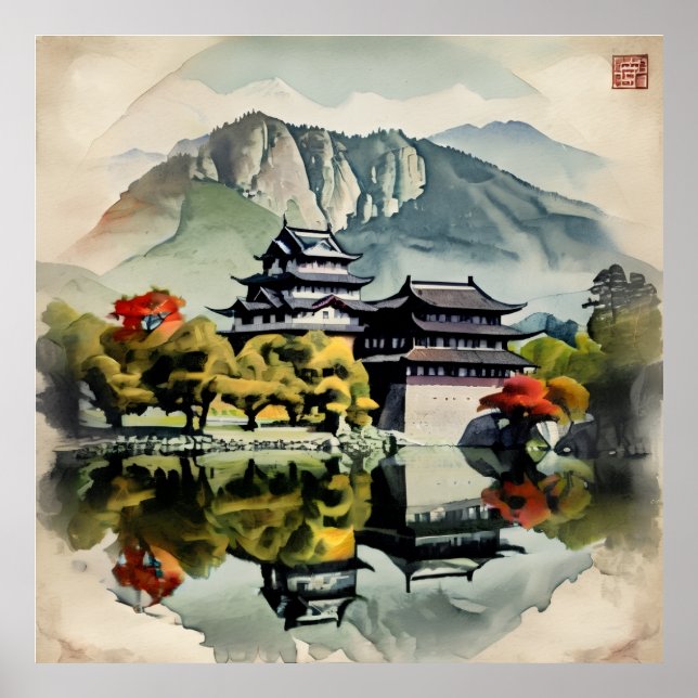 Traditionelles Wasserfarben-Schloss Poster (Vorne)