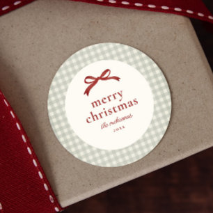 Traditionelles Weihnachten Rot Schleife Gingham Ge Runder Aufkleber