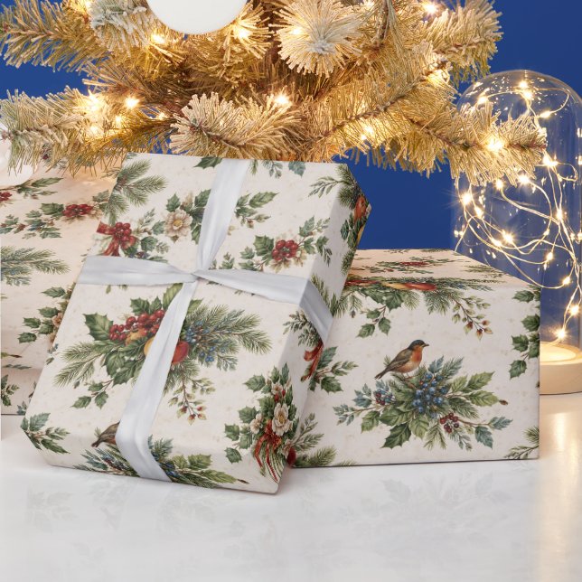 Traditionelles Weihnachts-Stechpalmen- und Winterf Geschenkpapier (Feiertage)