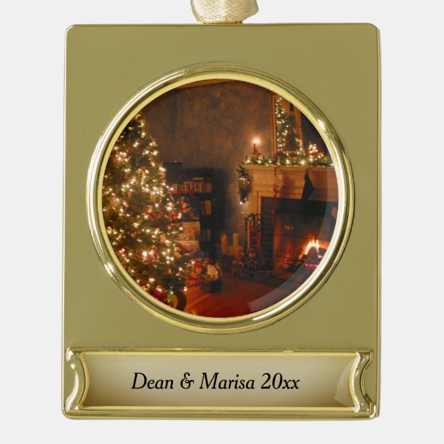 Traditionelles Weihnachtspersonalisieren und Datum Banner-Ornament Gold (Vorderseite)