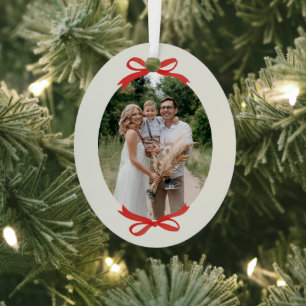 Traditionelles Weihnachtsrotes Schleifen-Oval-Foto Ornament Aus Metall