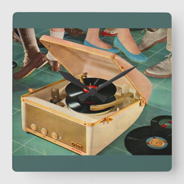 tragbare Plattenspielerwerbung für die 50er Jahre Quadratische Wanduhr (Vorderseite)