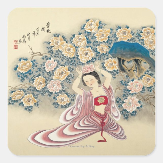 Tragen einer Blume im Kopf Quadratischer Aufkleber (Vorderseite)