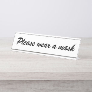 Tragen Sie eine Maske, ein schwarz-weißes, elegan Schreibtischnamensplakette