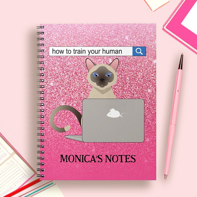 Tragen Sie Ihren menschlichen Funny Siamese Katze  Notizblock (Train Your Human Funny Siamese Cat Pink Glitter Notebook)