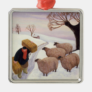 Tragendes Heu zu den Schafen im Winter Ornament Aus Metall