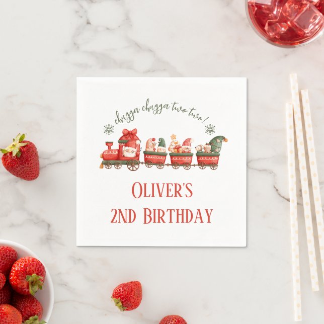 Train 2nd Birthday Watercolor Santas Party Express Serviette (Beispiel)